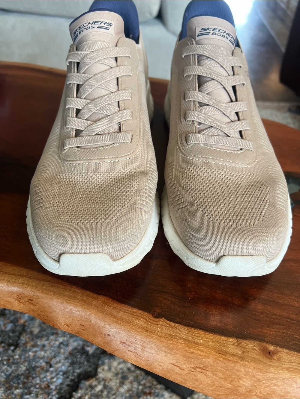 Skechers Men's Beige Knit Athletic Slip-On Sneakers with Navy Lining - Picture 2 of 5